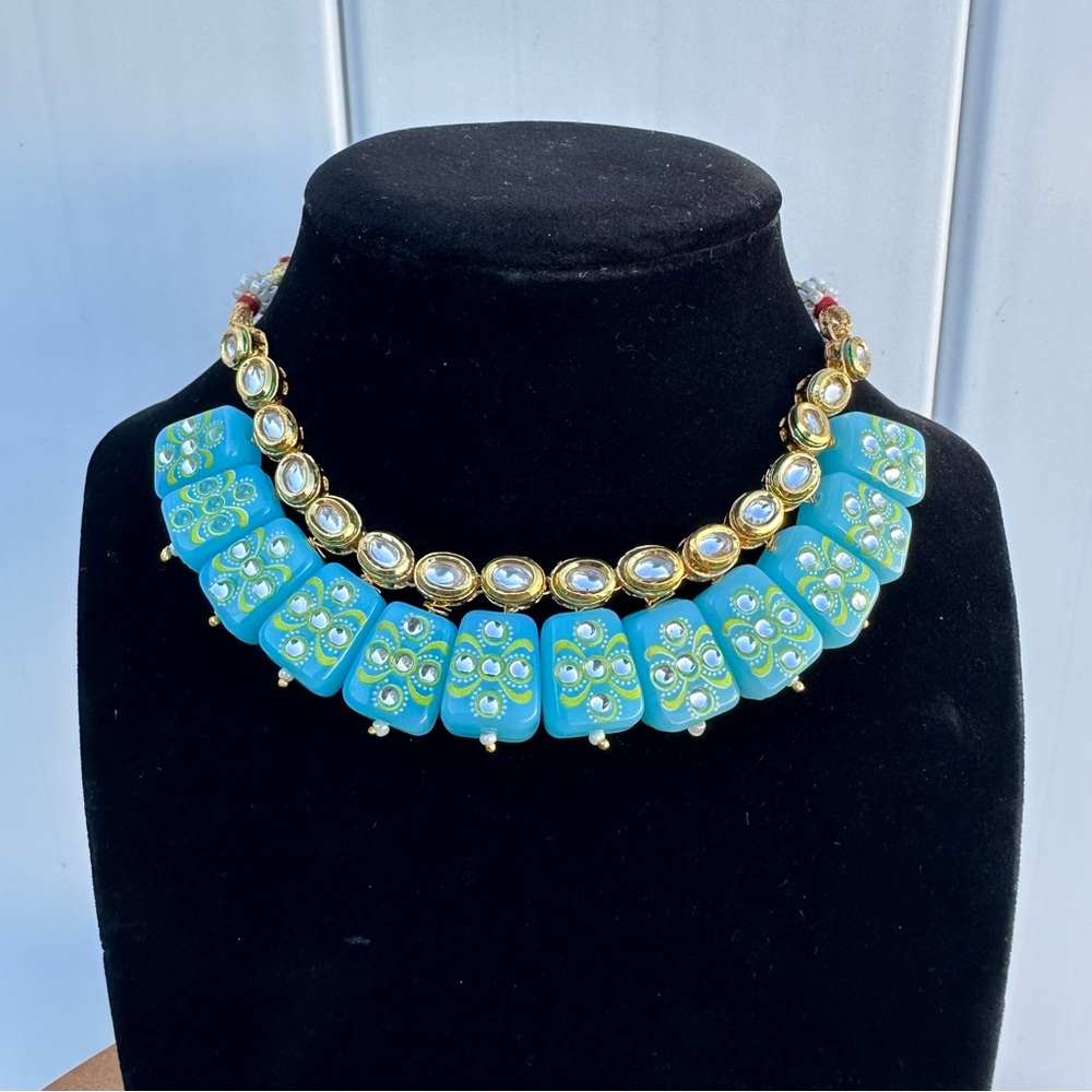 Kundan Blue Beaded Choker Necklace Set | Indian Floral Statement Jewelry - Picture 8 of 11